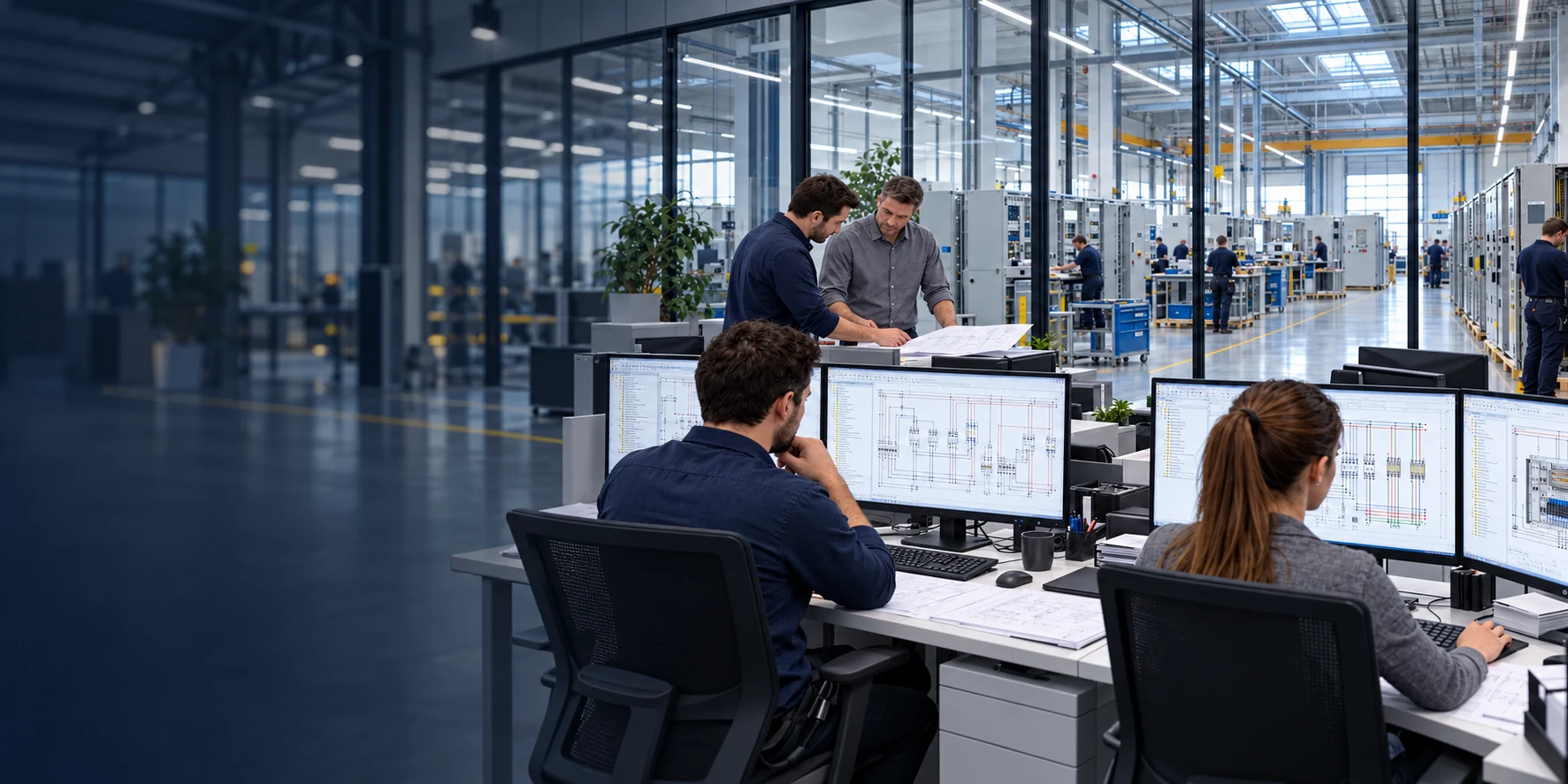 Engineering office with engineers and an electrical panel workshop in the background