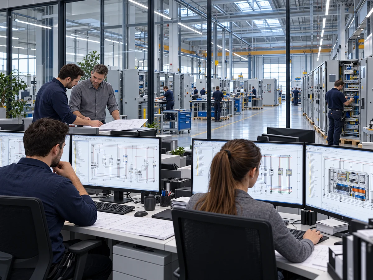 Engineering office with engineers and an electrical panel workshop in the background