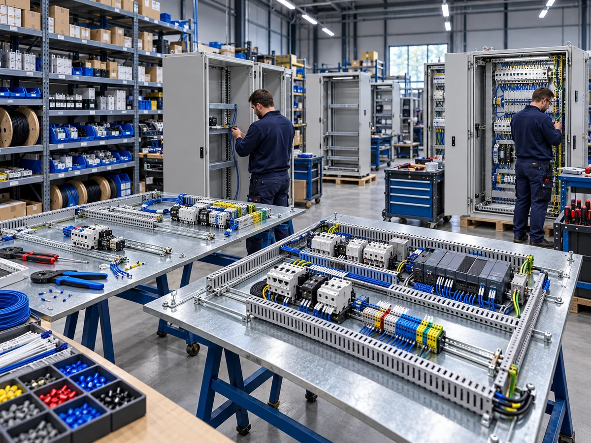 Electrical panel workshop with mounting plates on trestles